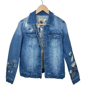 DRIFTWOOD GEENA Floral Bird Embroidered Bohemian Wash Denim Jacket Women’s Sz M
